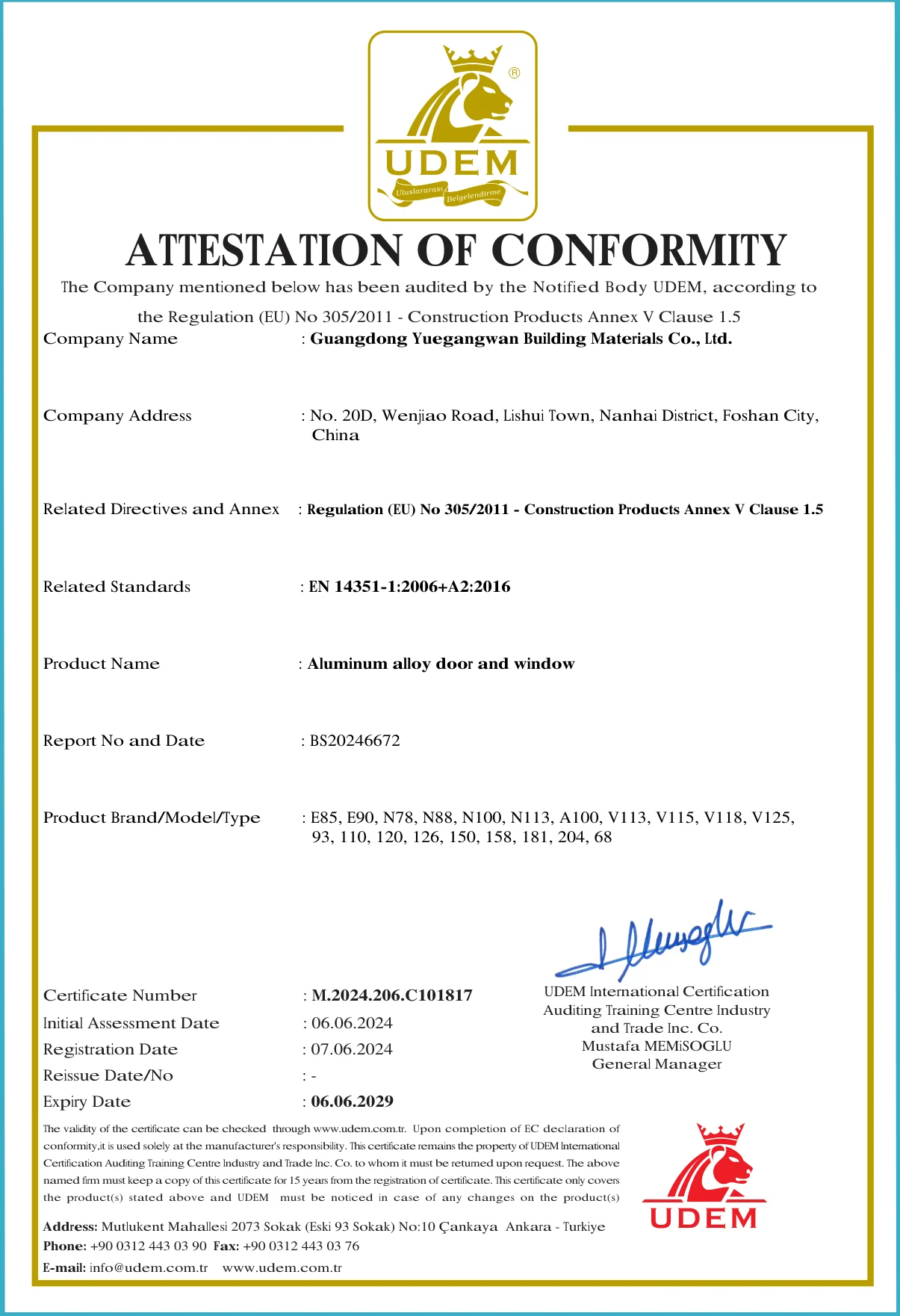 CE attestation of conformity for aluminium alloy door and window, certificate M.2024.206.C101817
