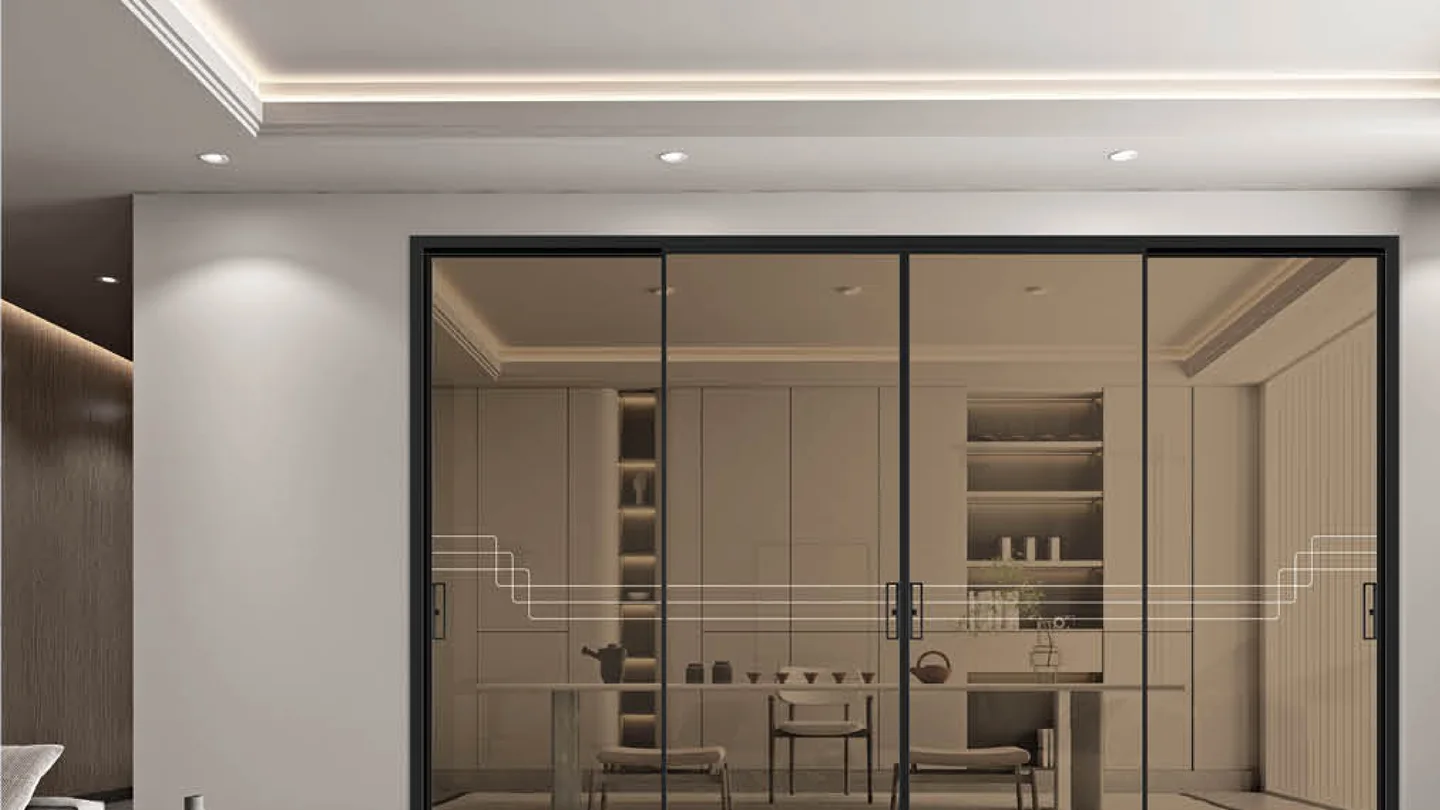 Four-panel black 35X16 minimalist sliding door in a warm dining room, design rendering