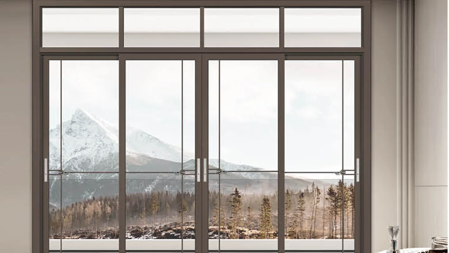 Four-panel coffee 35X48 medium-narrow sliding door with a fixed head light onto a snow-mountain view, design rendering
