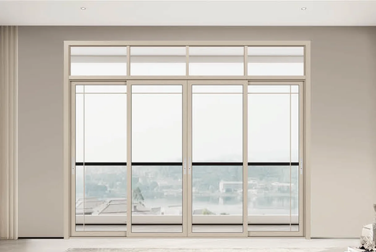 Four-panel champagne-gold aluminium sliding door with a fixed head light onto a city view, design rendering