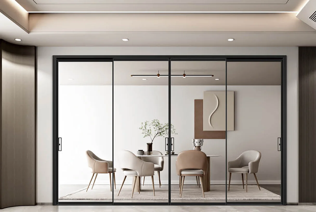 Four-panel black aluminium sliding door in a dining room, design rendering