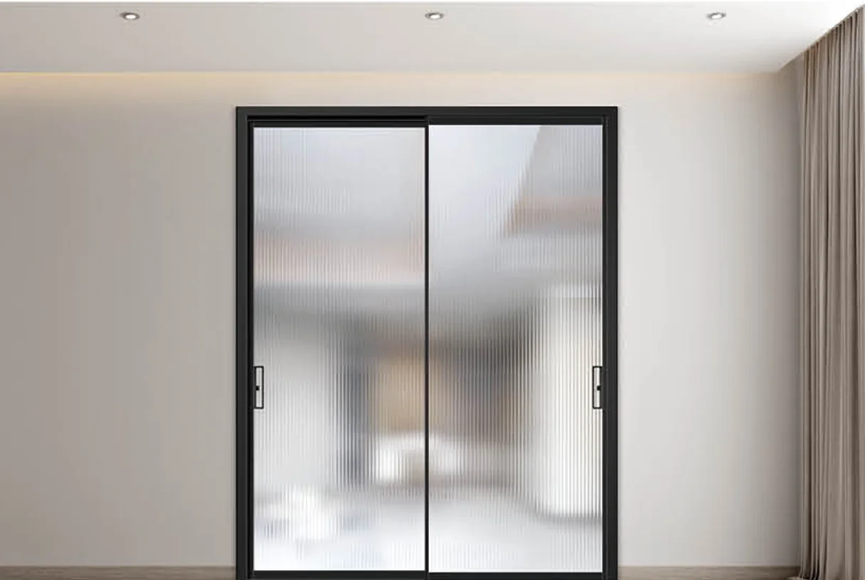 Two-panel black aluminium sliding door with reeded glass in a living room, design rendering