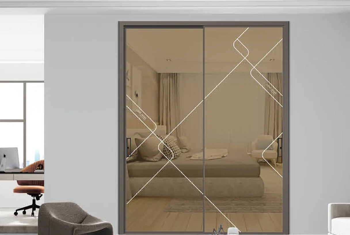 Two-panel aluminium sliding door with diamond-pattern glass opening onto a bedroom, design rendering