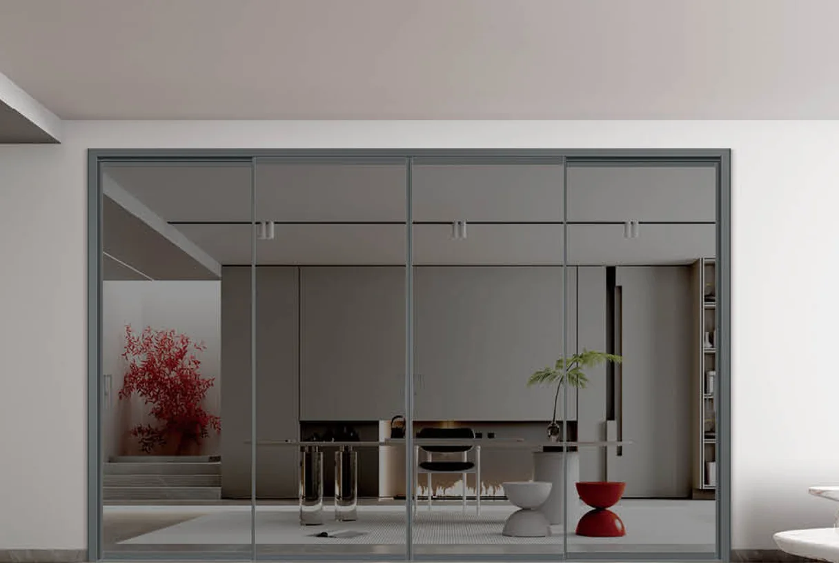 Four-panel grey aluminium sliding door in a study with an office, design rendering