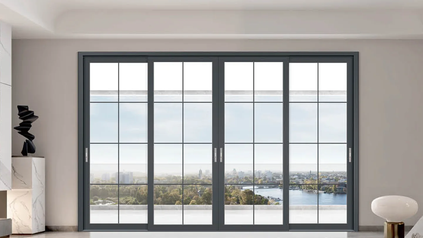 Four-panel 40 series ultra-sealed heavy-duty sliding door with a panoramic city and river view, design rendering