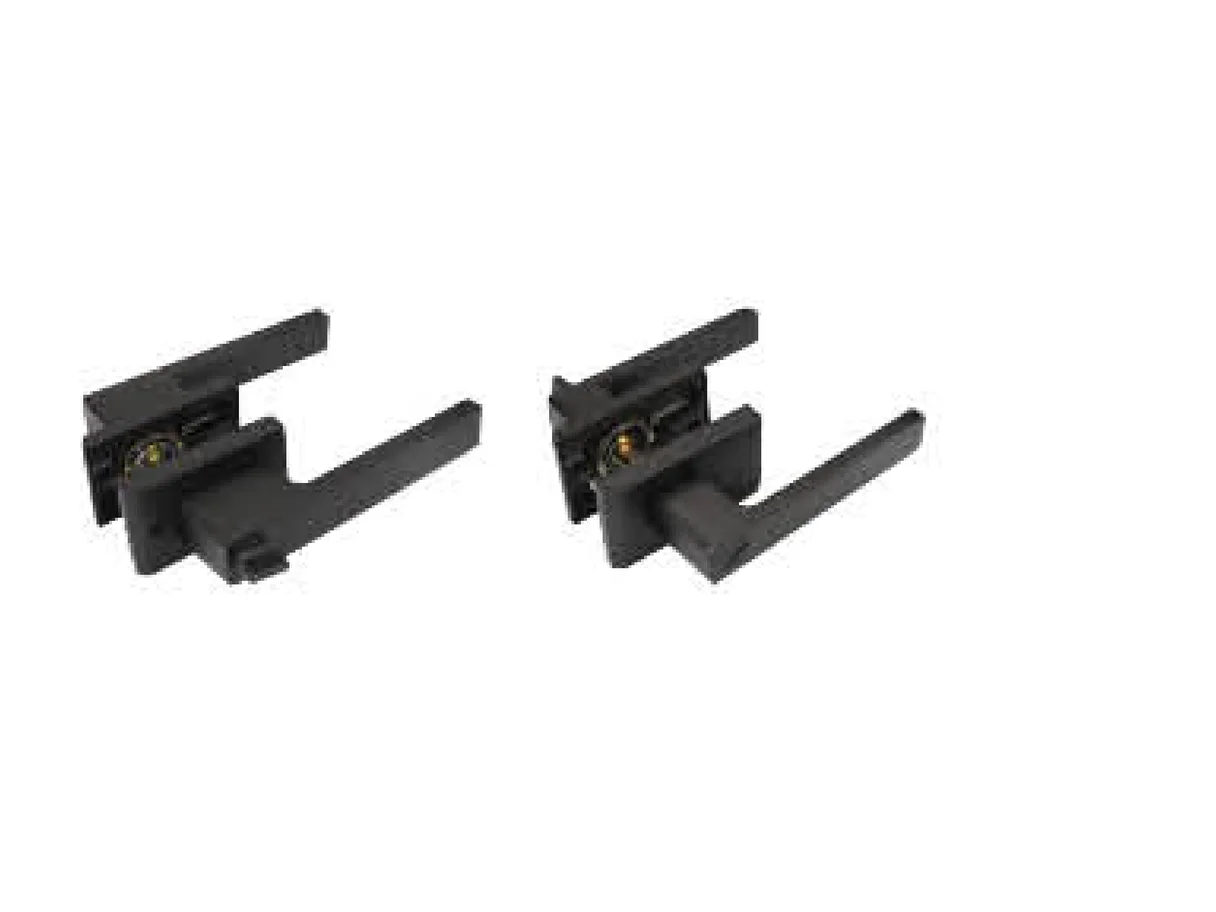 Two black aluminium lever door handles and their spindle escutcheons on a white ground