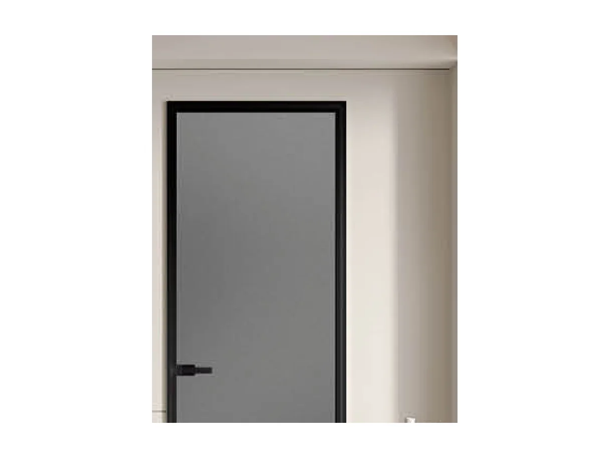 Detail of the 35X16 casement door leaf, black frame and handle against a plain wall, design rendering