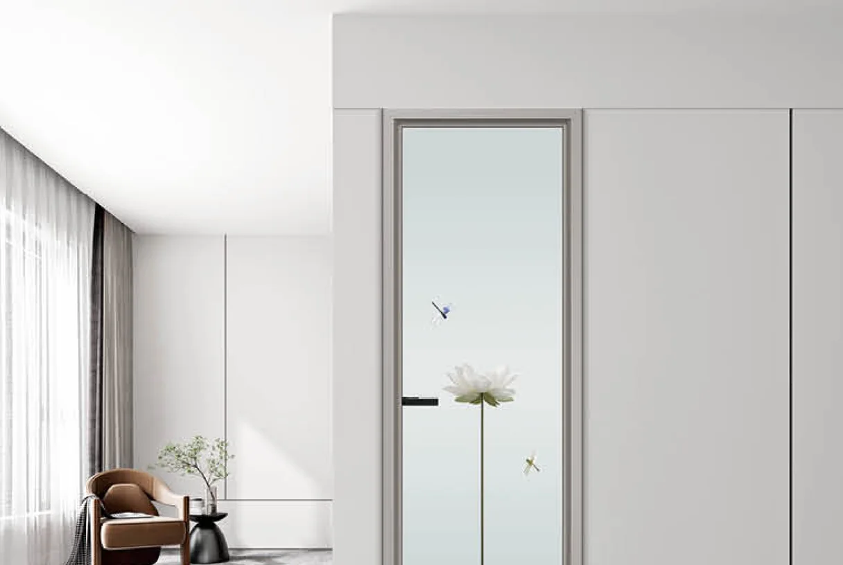 Two 35X16 slim aluminium casement doors, a frosted flower glass beside a plain grey leaf in a corridor, design rendering