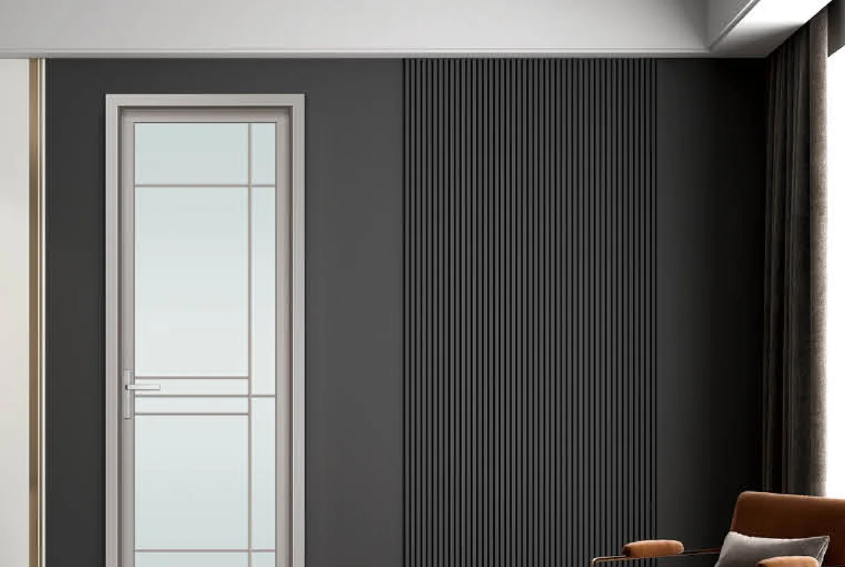 White 35X48 medium-narrow aluminium casement door on a black slat wall with a tan leather chair, design rendering