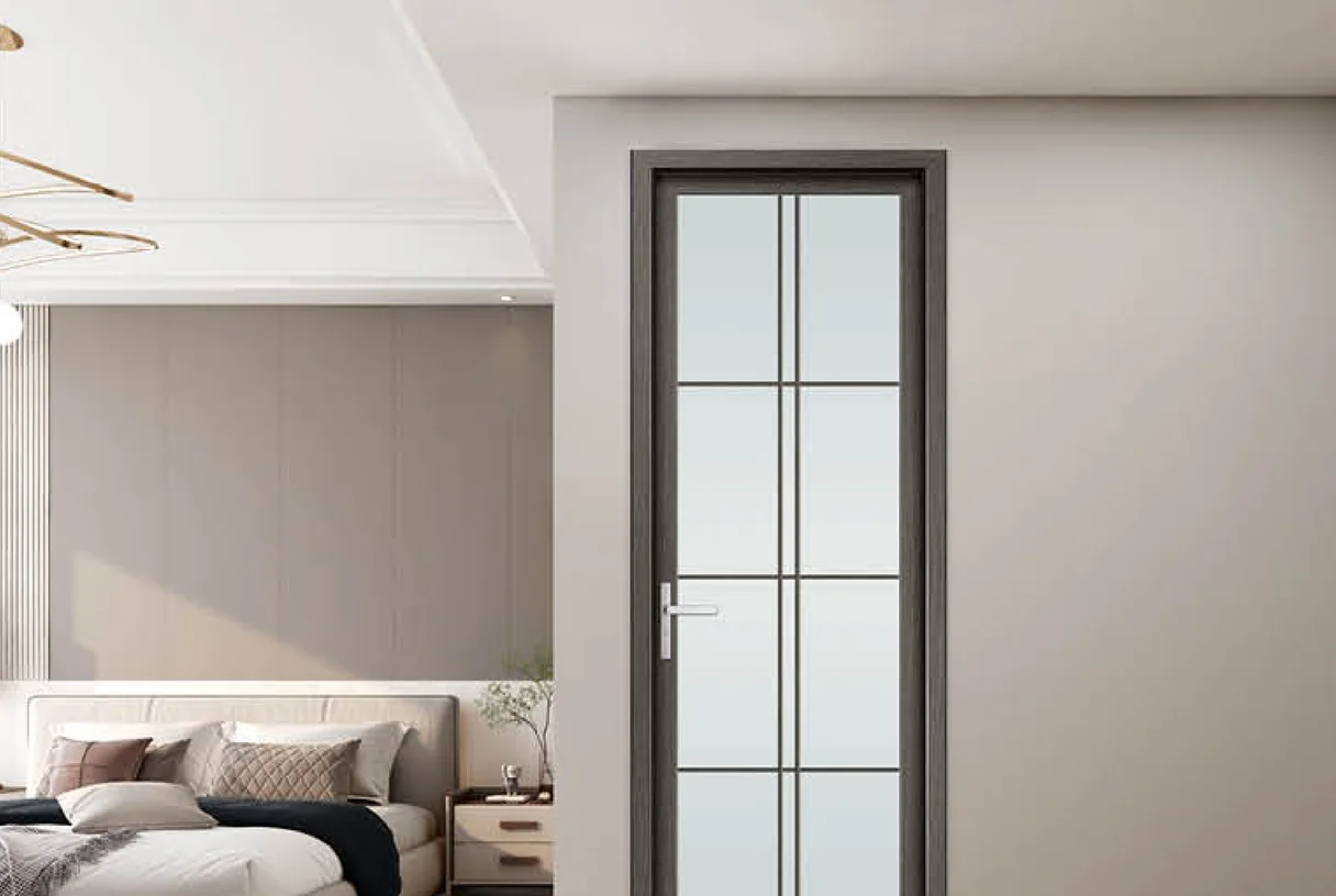35X48 medium-narrow aluminium casement door with a bar grille in a bedroom, design rendering