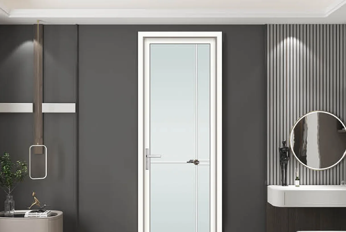 White 35X48 medium-narrow aluminium casement door in a dressing area beside a round mirror, design rendering