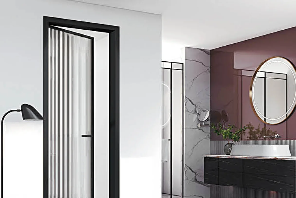 Open 40X16 new-minimalism aluminium casement door onto a maroon bathroom wall with a round mirror, design rendering