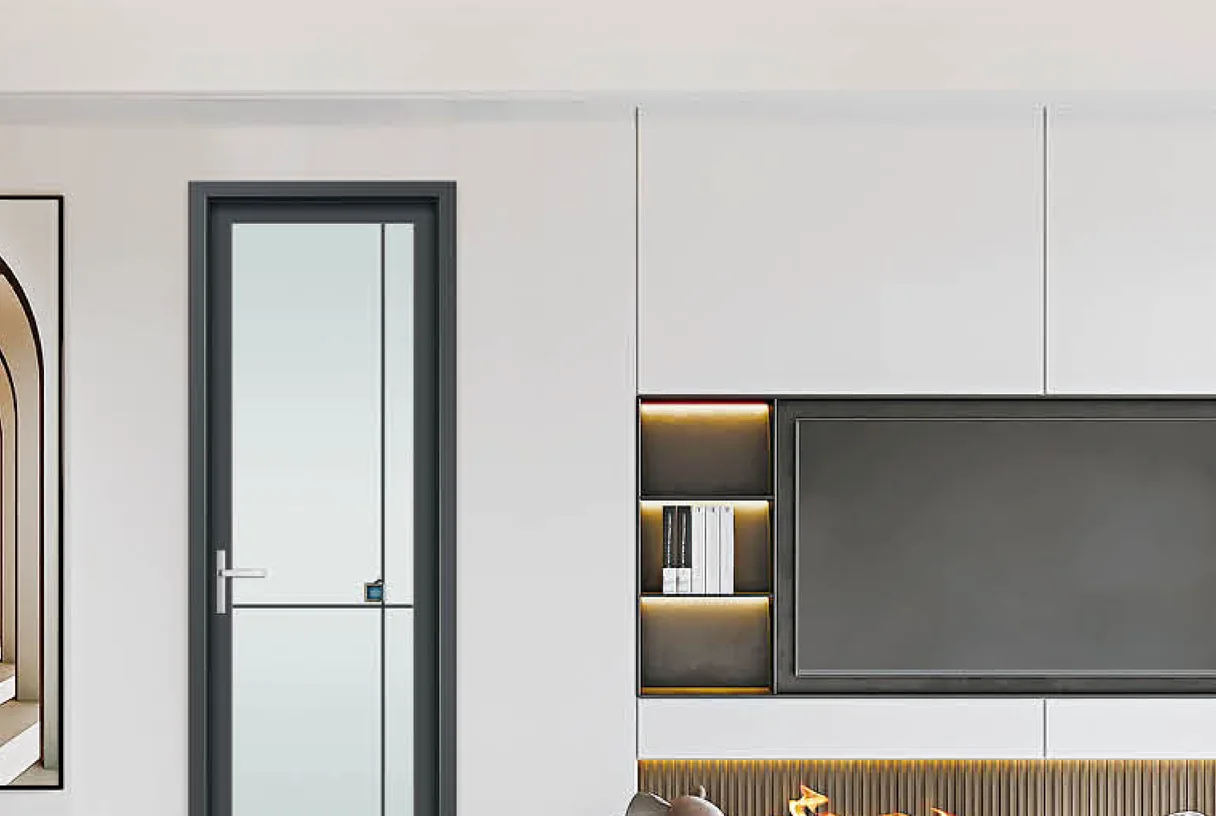 Wide-frame aluminium casement door beside a TV wall in a living room, design rendering