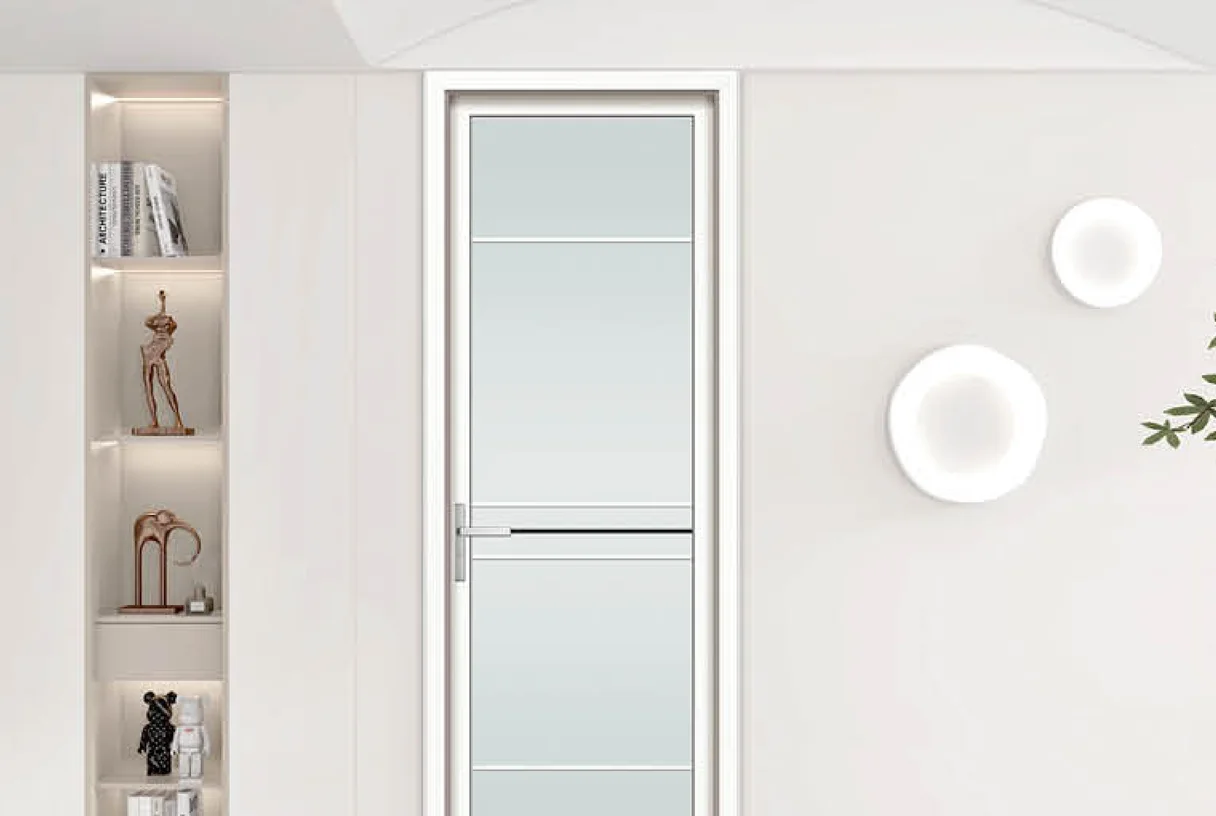 White wide-frame aluminium casement door with cross-bar glass in a bright interior, design rendering