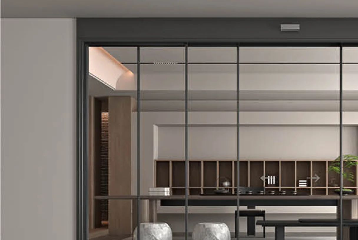 Electric responsive sliding glass wall with slim mullions, seen from the entrance of an office interior, design rendering