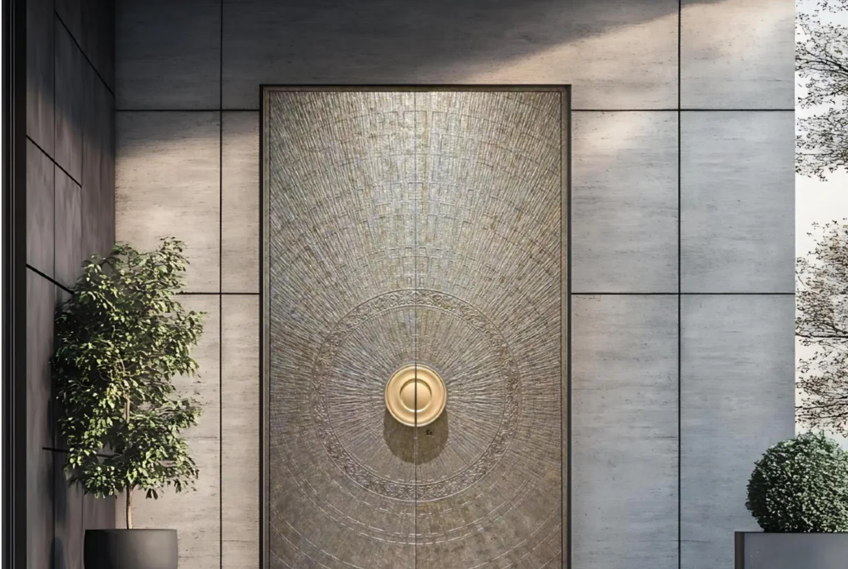 Bronze Chinese-style carved aluminium double entrance leaf on a grey stone wall with topiary, design rendering