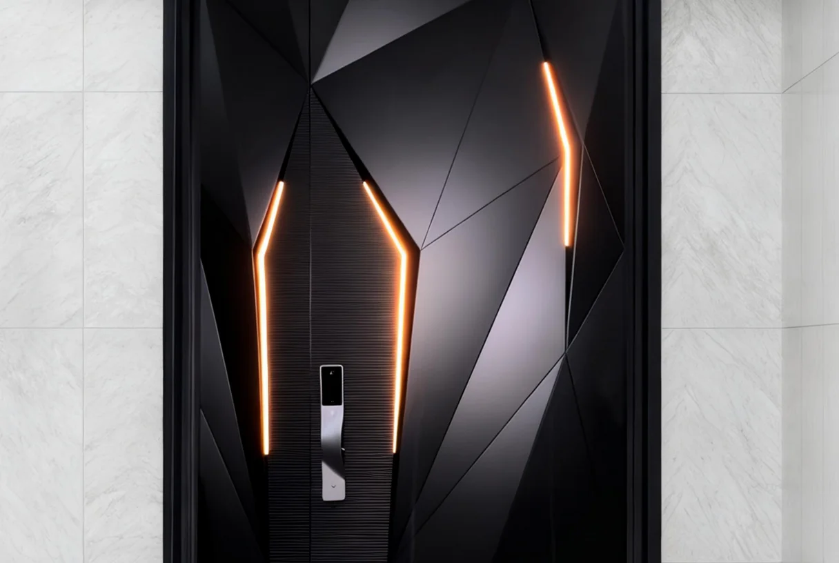 Black faceted art entrance door with amber light strips and smart lock plate on a marble wall, design rendering