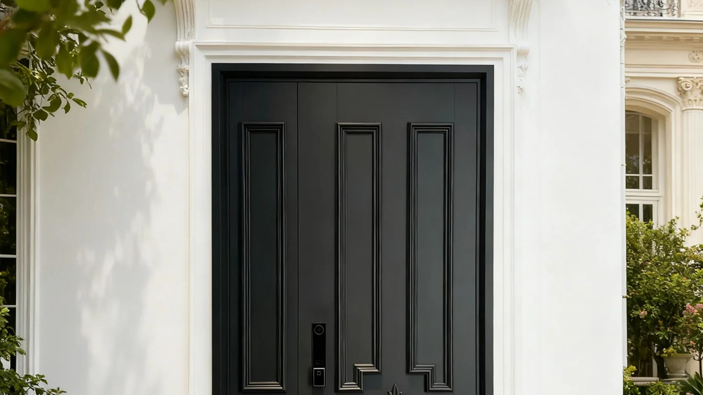 Black French-style double aluminium entrance door with a smart lock on a white classical villa facade, design rendering