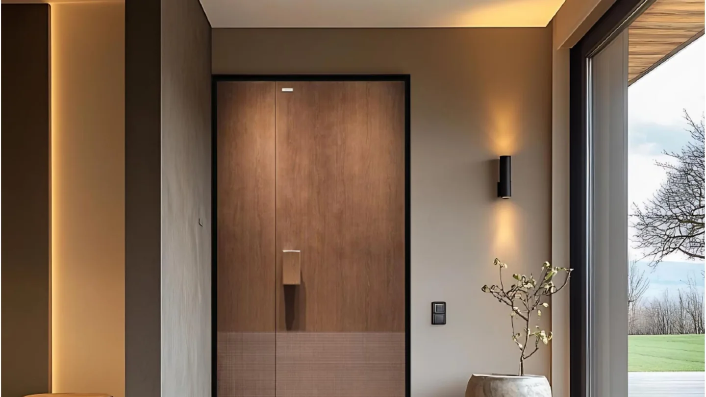 Wood-grain double aluminium entrance door in a warm entry with cove lighting, design rendering
