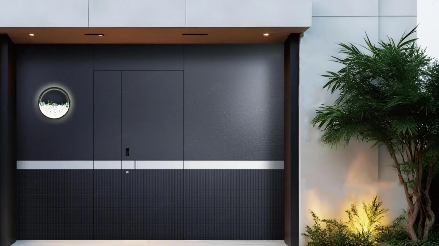 Charcoal double entrance door with a round glass inset on a modern facade, design rendering