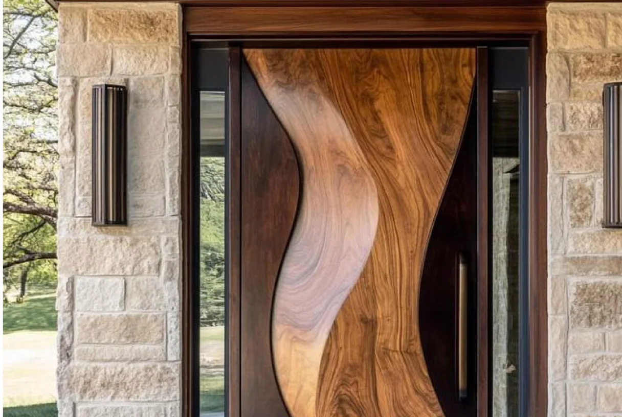Wood-grain aluminium glass entrance door with a wavy grain face set into a stone wall, design rendering