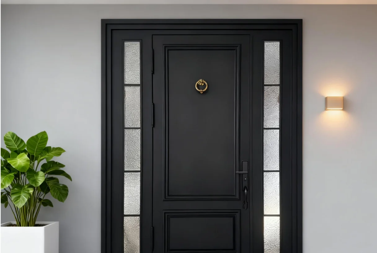 Black aluminium glass entrance door with slim vertical glazed strips and a wreath on a white wall, design rendering