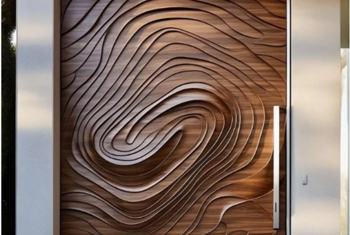 Ripple wood-grain aluminium entrance leaf with the carved grain sweeping wide and a vertical pull, design rendering