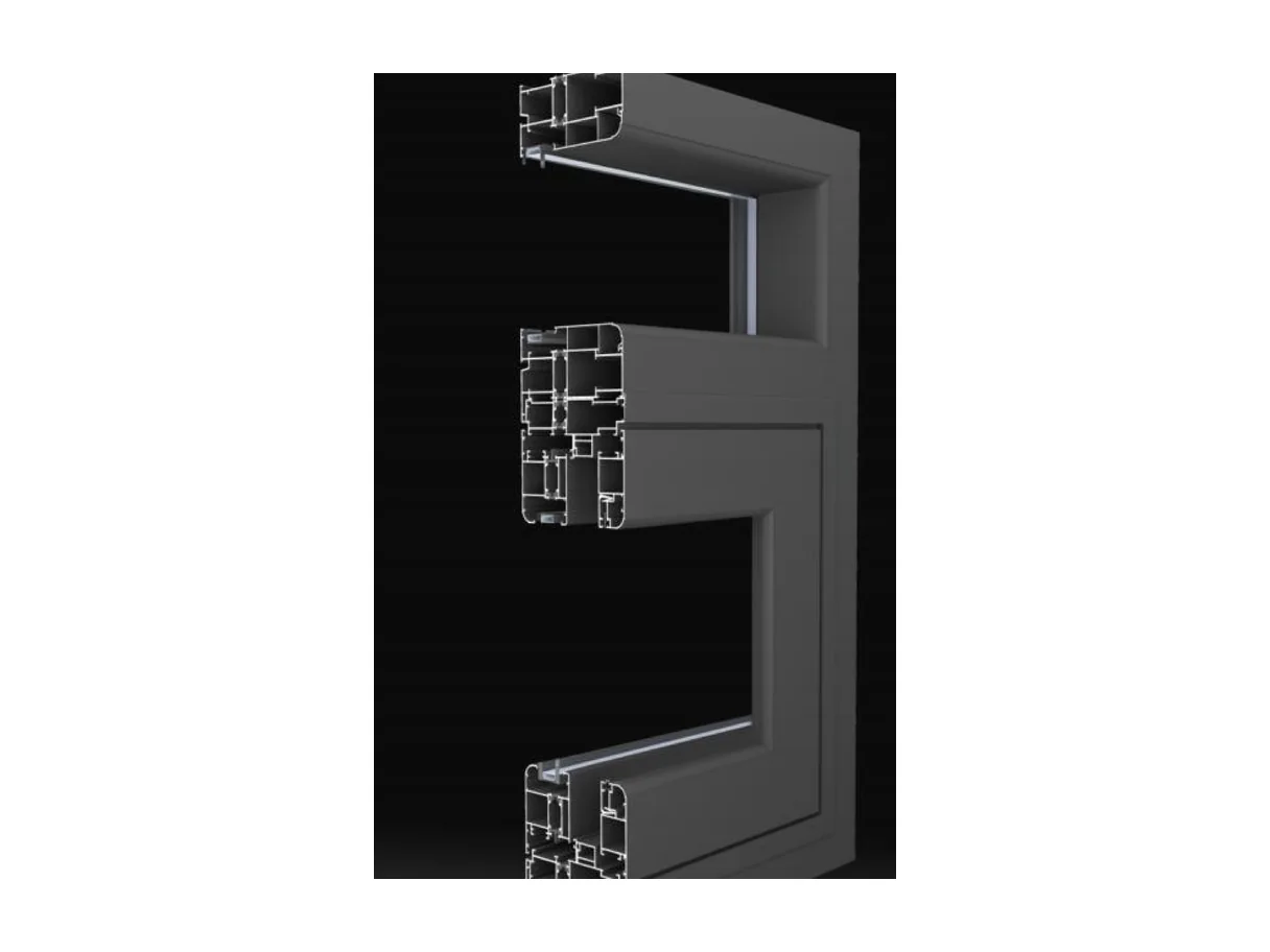 Technical render of the arc door frame with head, meeting and sill sections around the curved leaf