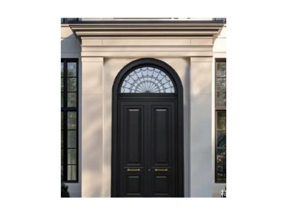 Front view of a blue-grey aluminium arc entrance leaf with a decorative arched head and brass hardware