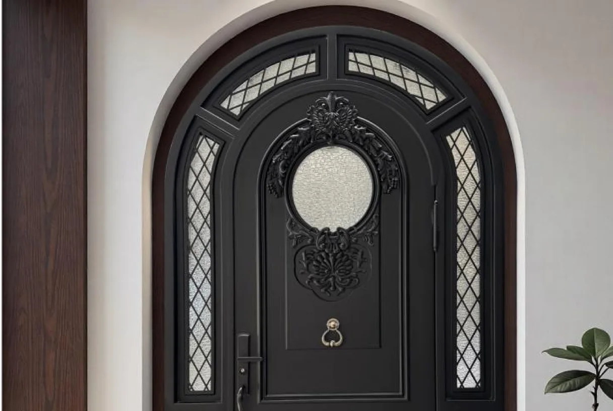 Black aluminium arc entrance door with a round glass window and ironwork beside a garden tree, design rendering