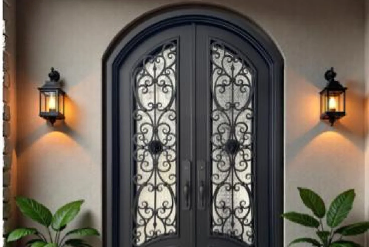 Black aluminium arc entrance door with iron scrollwork and glass panes between two wall lanterns, design rendering