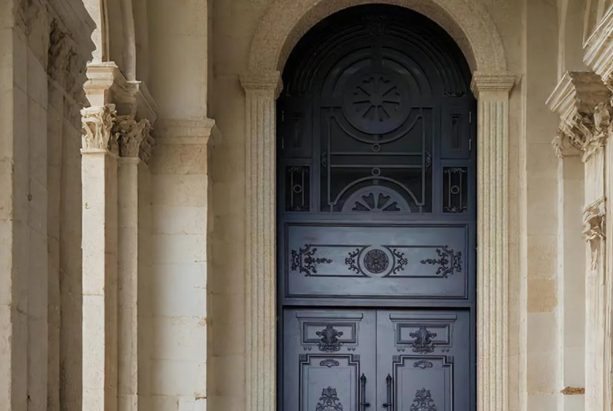 Dark aluminium arc entrance door set within a classical carved stone colonnade, design rendering