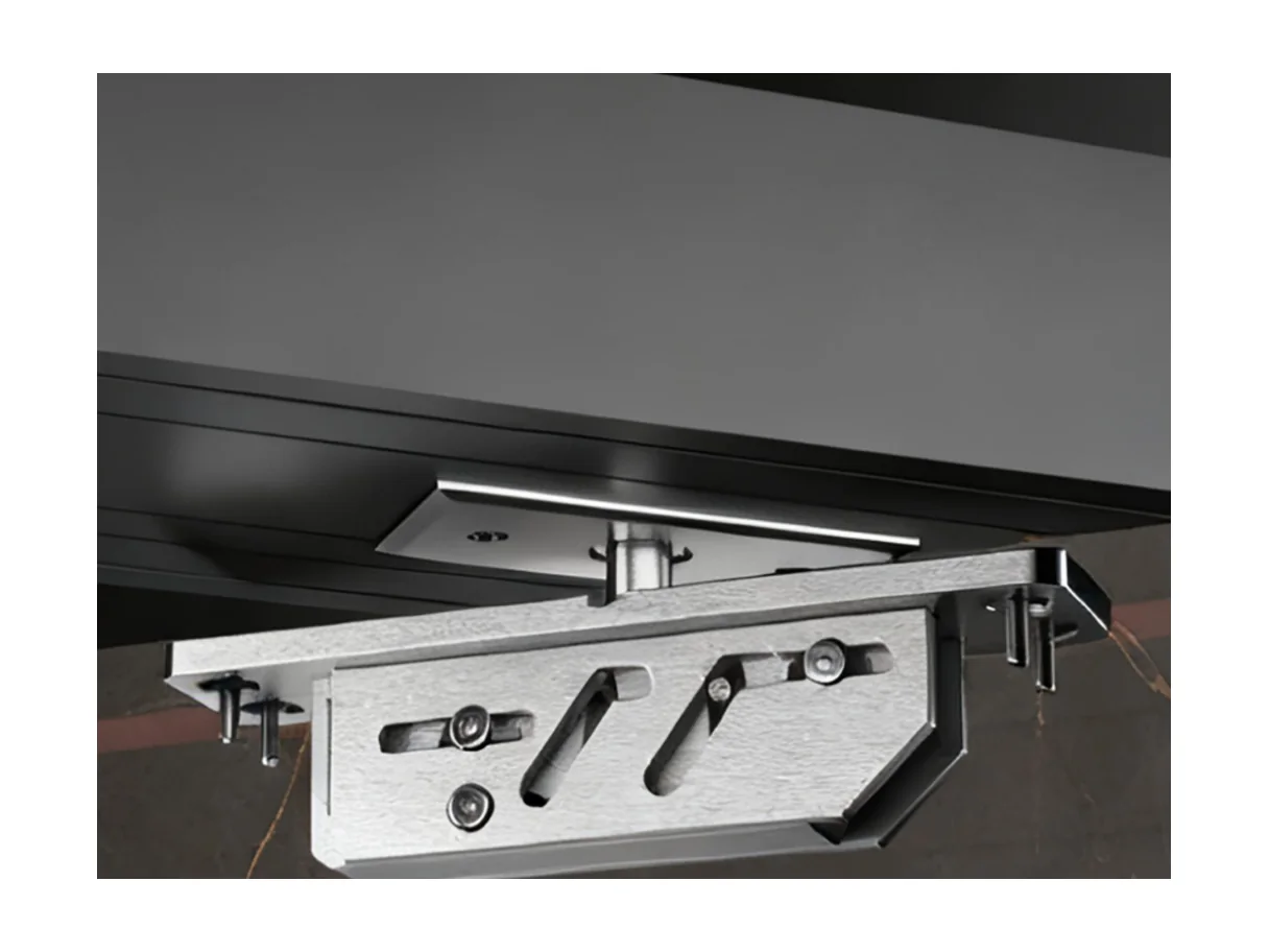 Close view of the stainless steel offset pivot hardware unit carrying the door leaf at the head