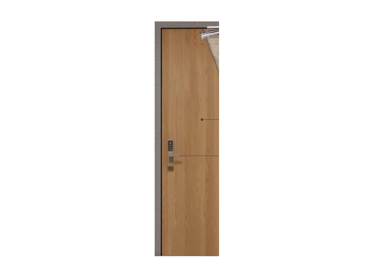 Cutaway model of a wooden fire door leaf set into a steel frame with an intumescent edge