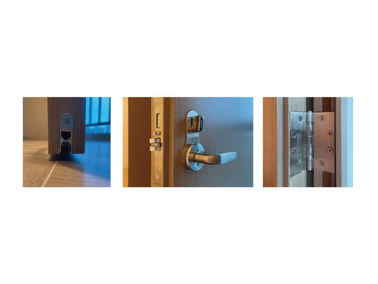 Fire door hardware close-ups showing a hinge, a lock case and a lever handle on timber