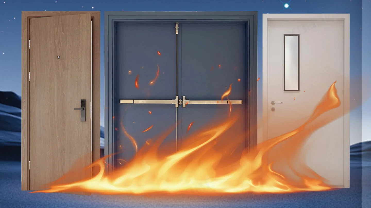 Three fire-rated door leaves with a panic bar double, against a fire scene, design rendering