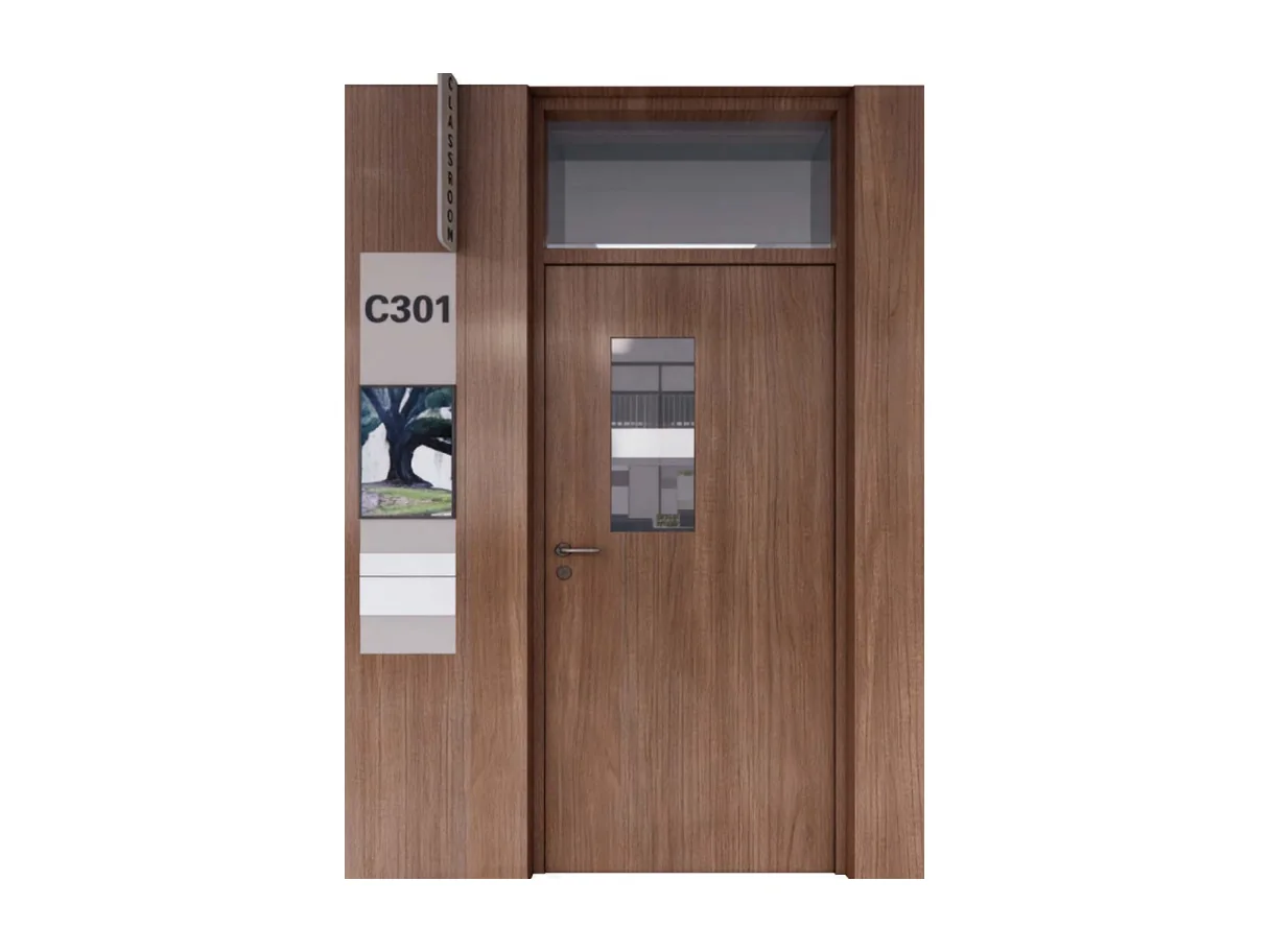 School fire door leaf with a vision panel, safety glass and a lever handle