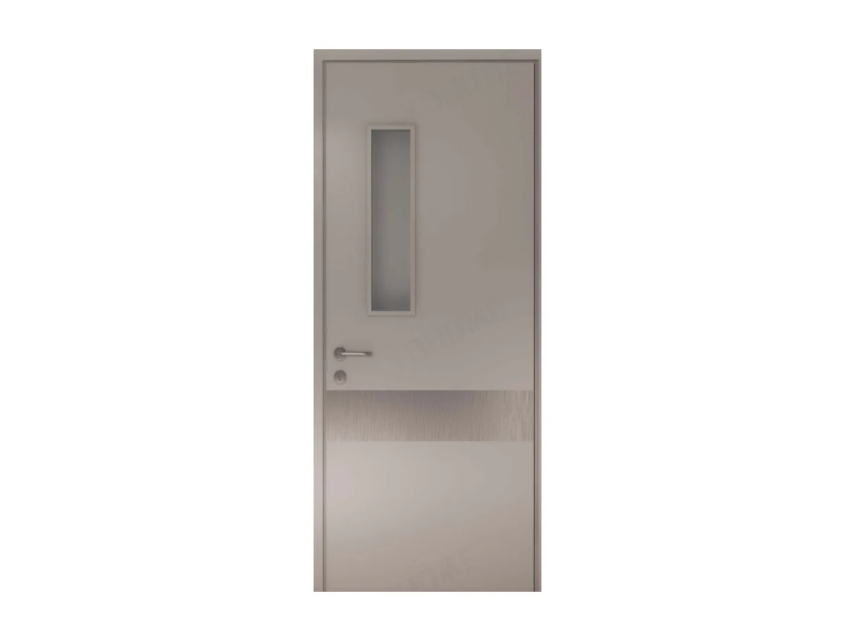 Steel-face institutional fire door leaf with a narrow flush vision slot and a lever
