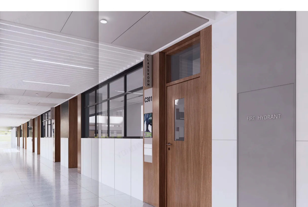School corridor with glazed classroom fire doors and a fire hydrant panel, design rendering