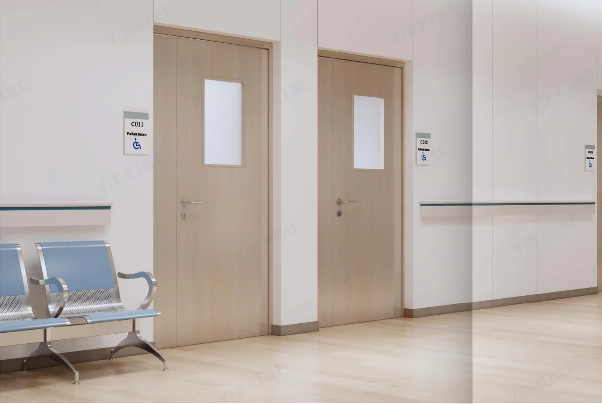 Hospital ward fire doors along a corridor with a seated waiting area, design rendering