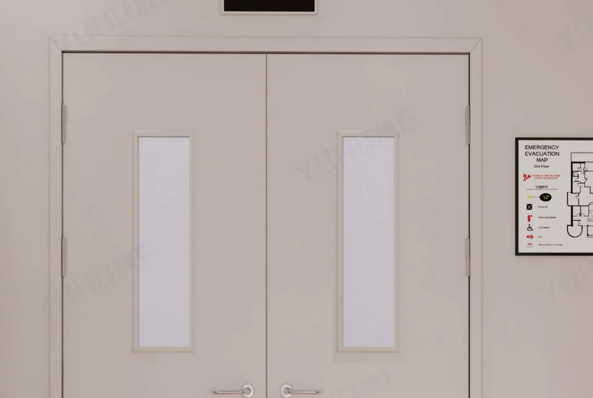 Steel double fire doors with vision panels set into a plain corridor wall, design rendering
