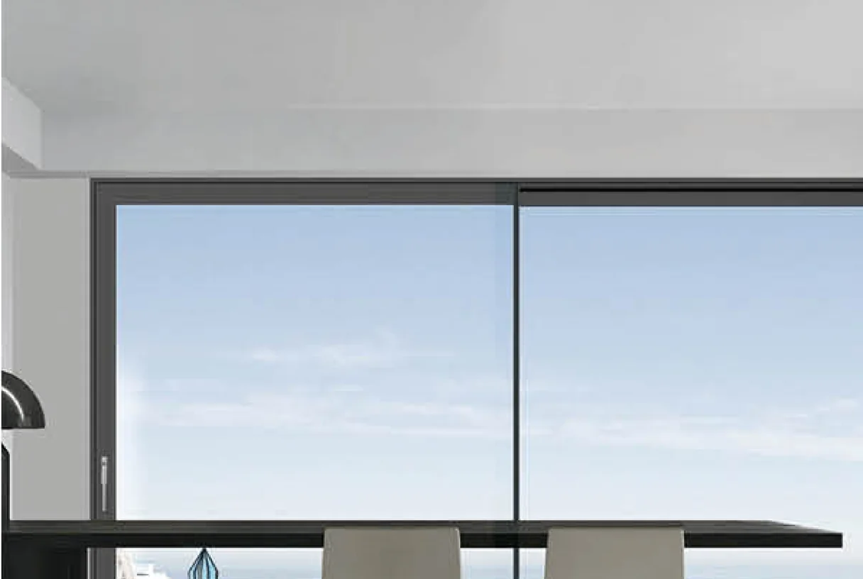 Lift and slide door with two glass leaves opening onto a sea and sky horizon, dining room, design rendering