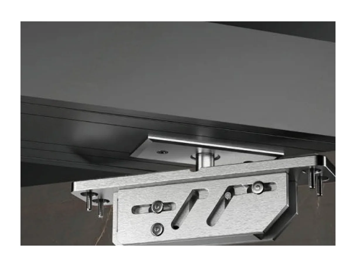 Overhead pivot hardware set for the off-axis entrance leaf, shown on a stone head detail