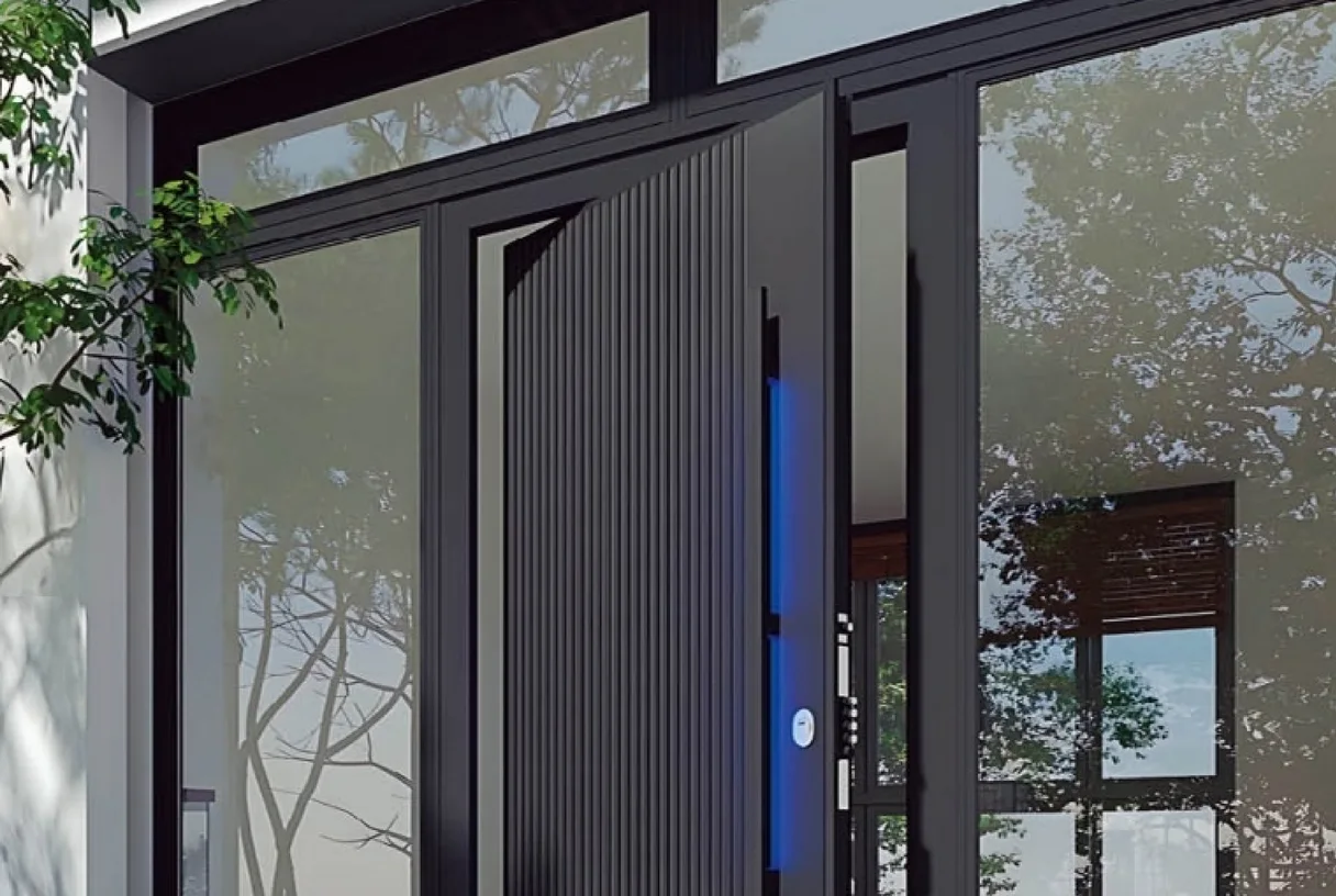 Slim black pivot door leaf with a full-height glazed surround reflecting a garden, design rendering