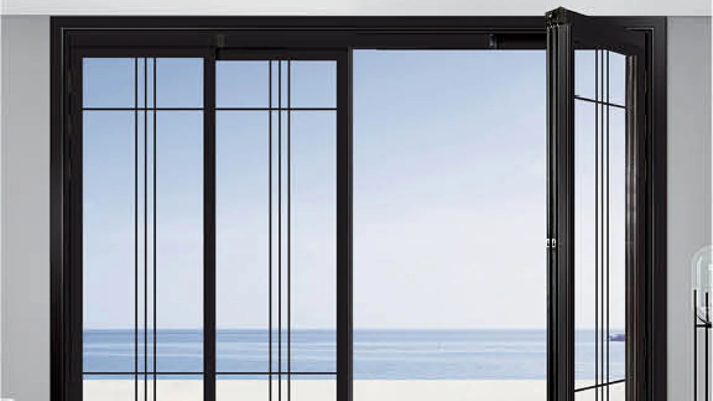 Dark-framed PT push-slide glass door standing open onto a beach and sea view, design rendering