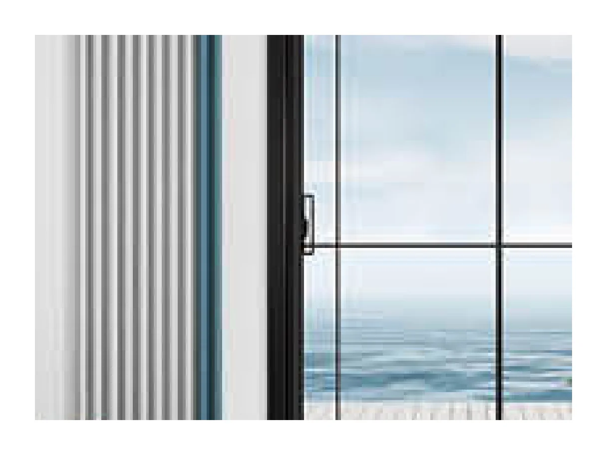 Close view of the PT door leaf stile with the handle, mullion grid and glass beyond