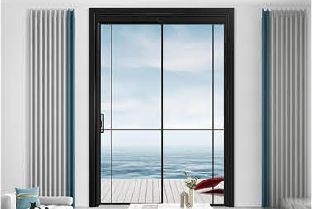 Dark-framed two-leaf PT glass door opening onto a sea-facing timber deck, living room, design rendering