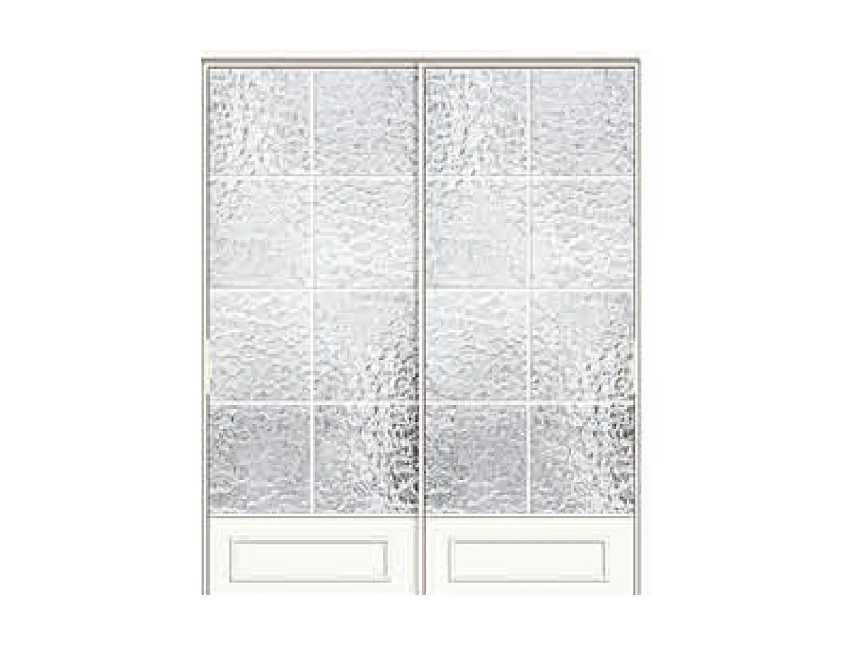 Front view of a white double-leaf vintage aluminium door with textured craft glass and lower panels