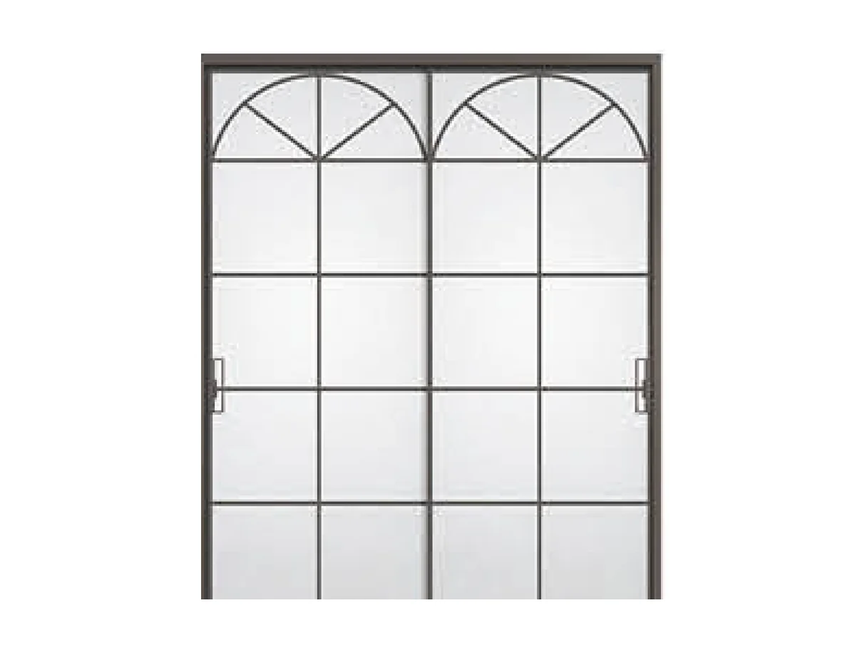 Front view of a jazz moonlight grey double-leaf vintage aluminium door with arched heads and grille bars