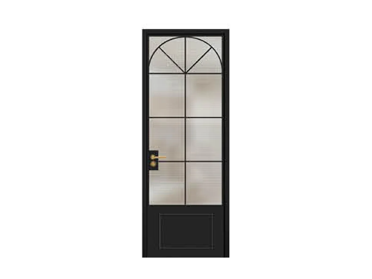 Front view of a jazz black single vintage aluminium door leaf with an arched head, grille bars and a lower panel